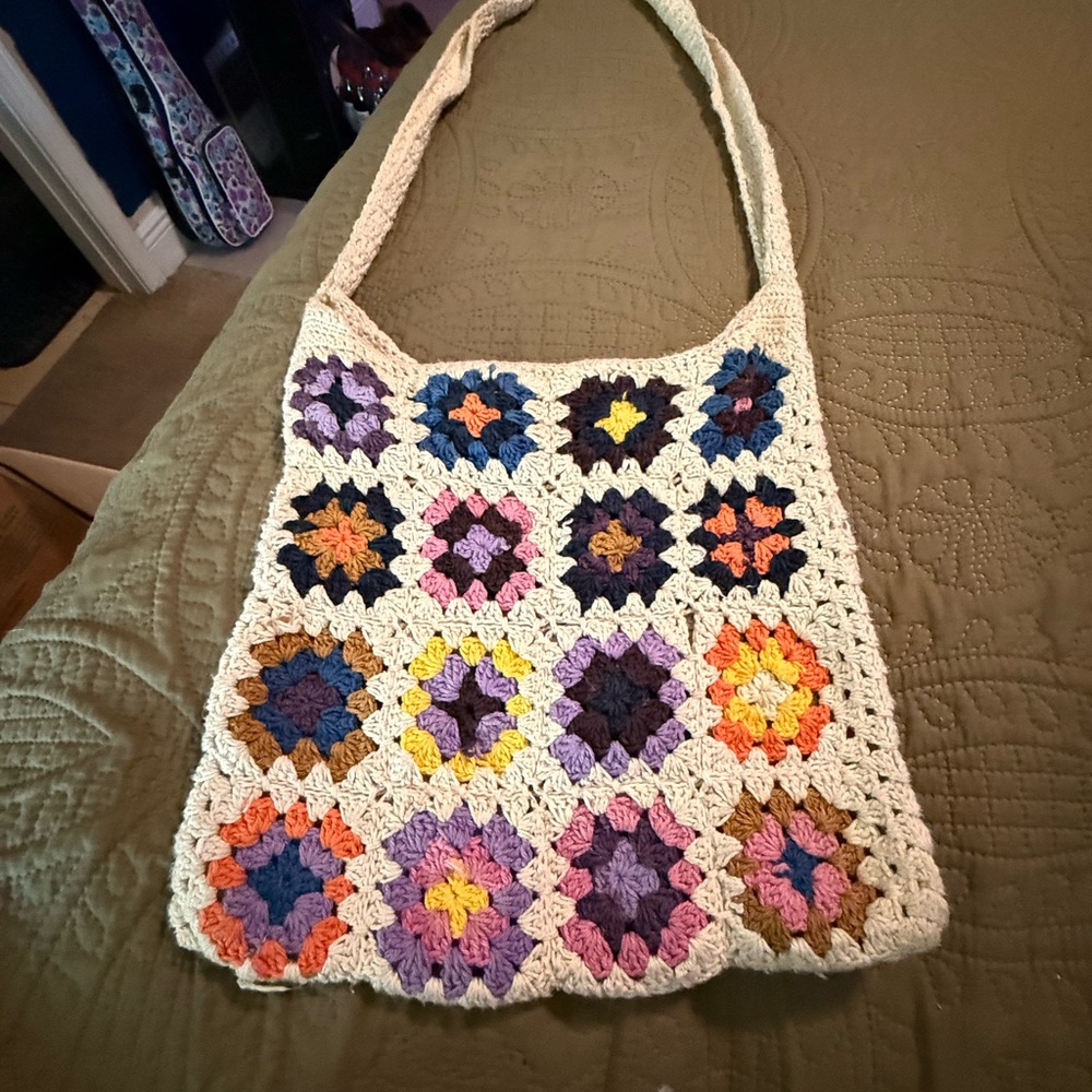 Crochet Granny Square Boho Shoulder Bag | Multicolor Handmade-Style Purse